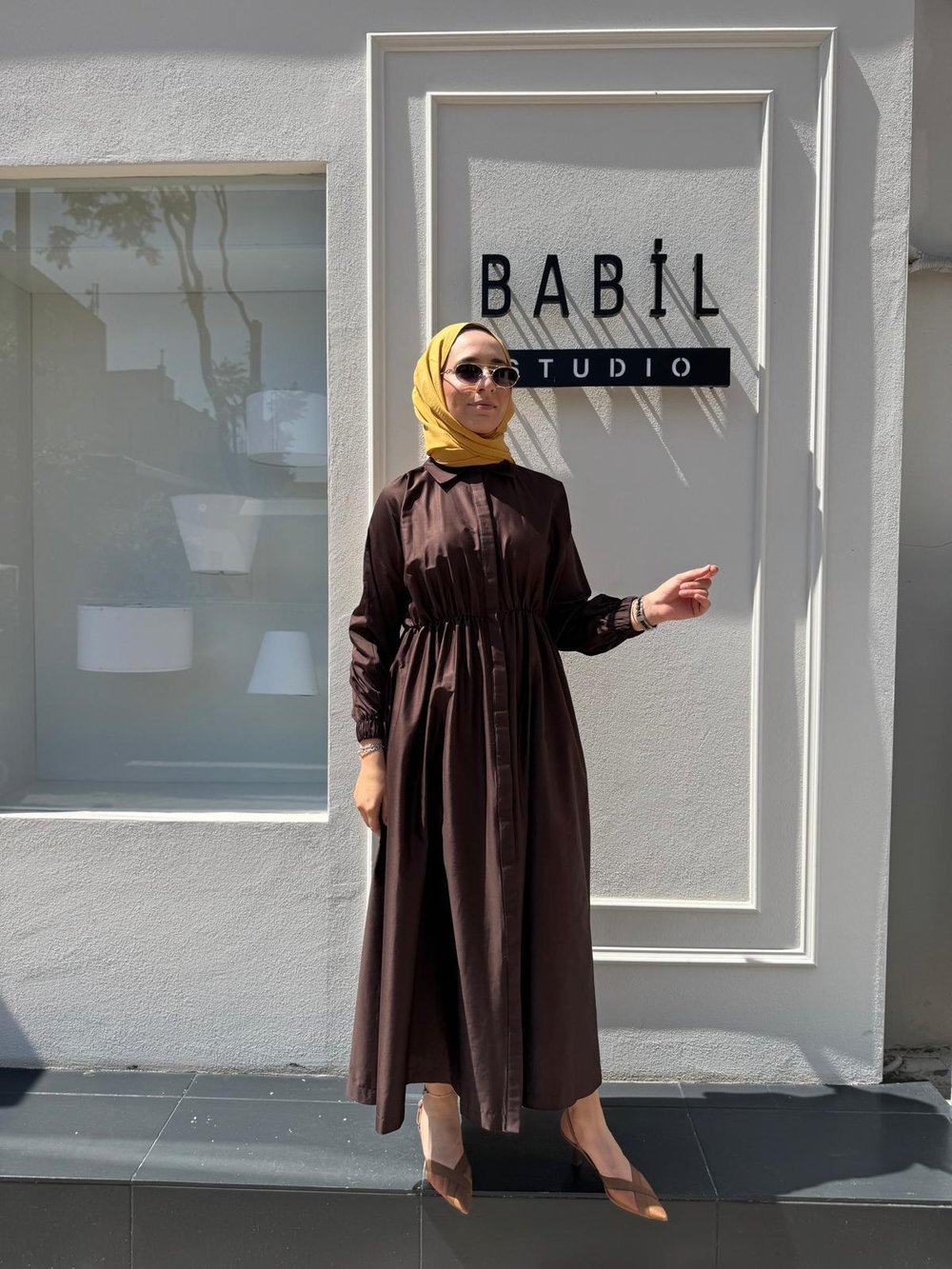 TD53456 Beli Sıkmalı Kadın Elbise Kahve