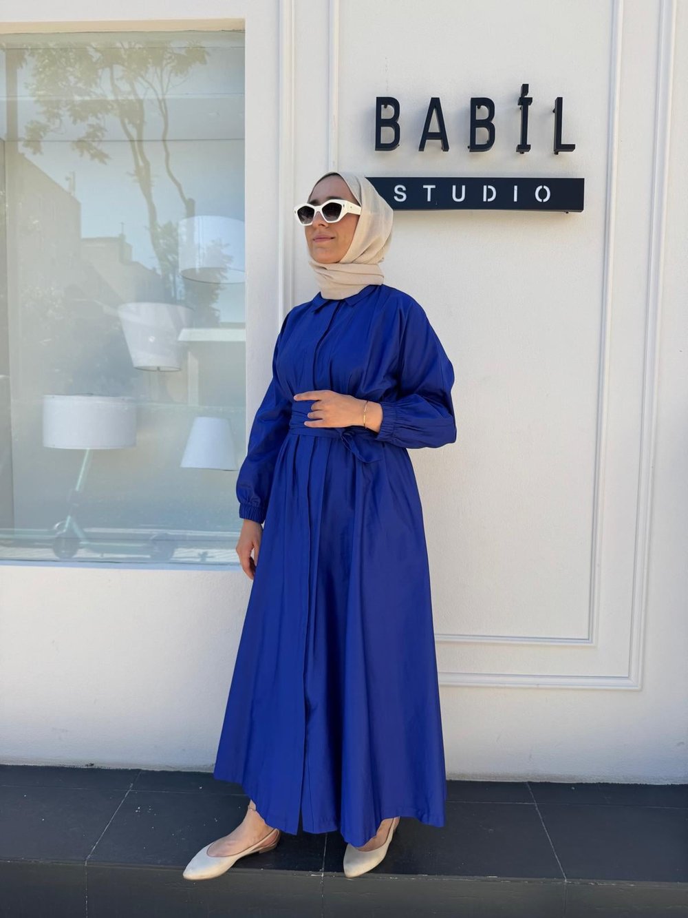 TD53456 Beli Sıkmalı Kadın Elbise Saks Mavi