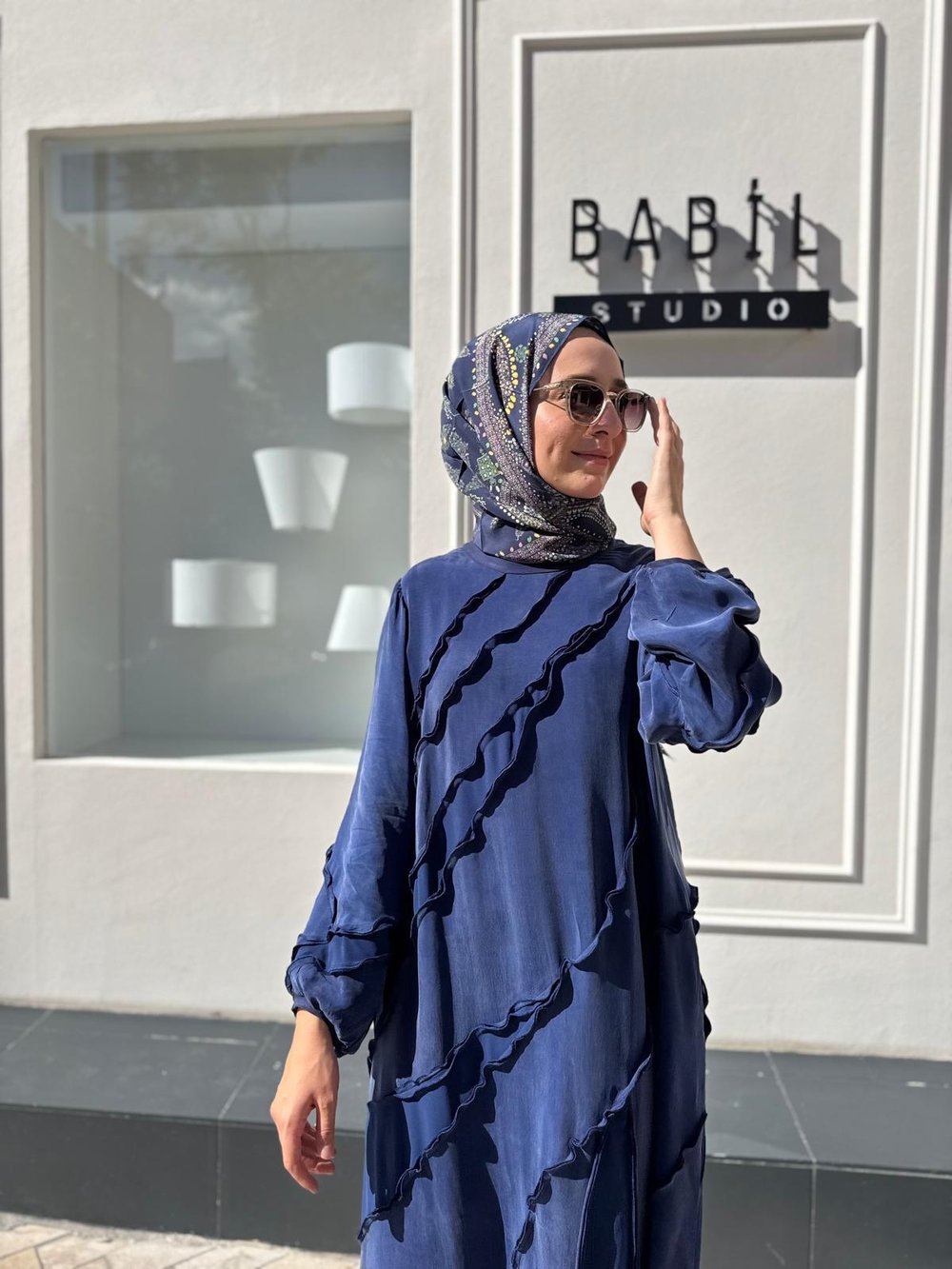 V3175 Dikiş Detaylı Fularlı Kadın Elbise Indigo