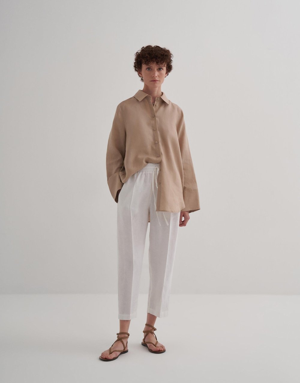 %100 Keten Havuç Pantolon Ekru