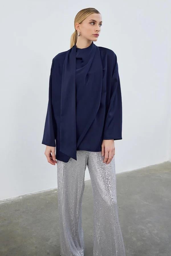 Kuva Saten Fularlı Tunik Lacivert