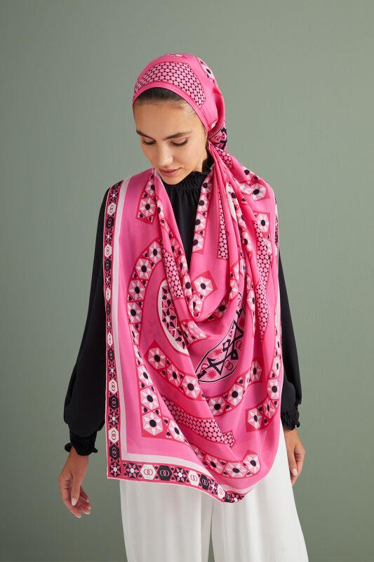 Labirent Pembe Krep İpek Şal 80x210