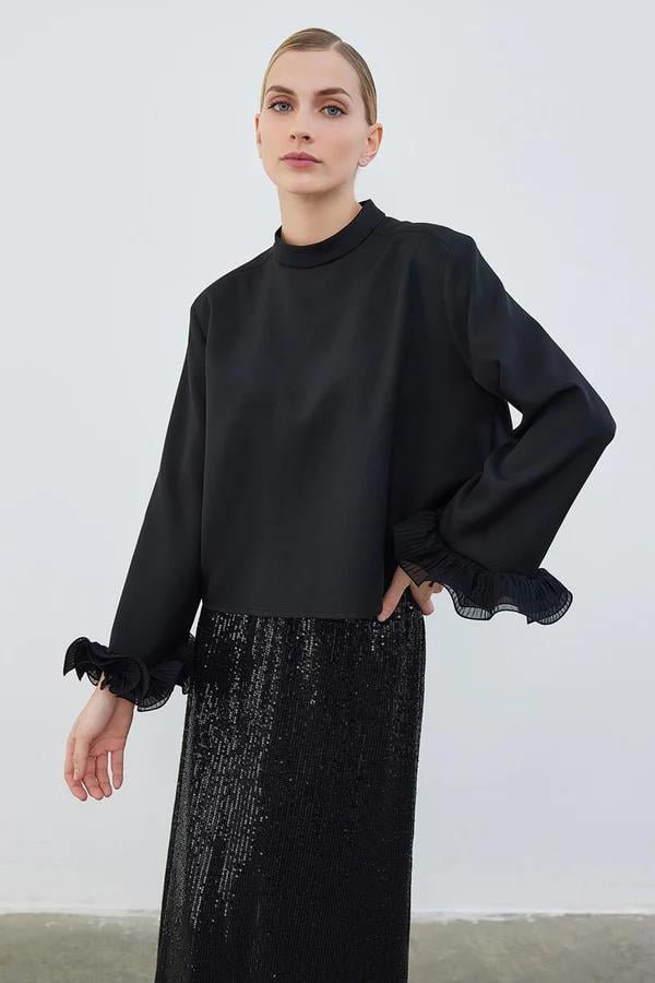 Lady Kol Pilise Detaylı Bluz Siyah