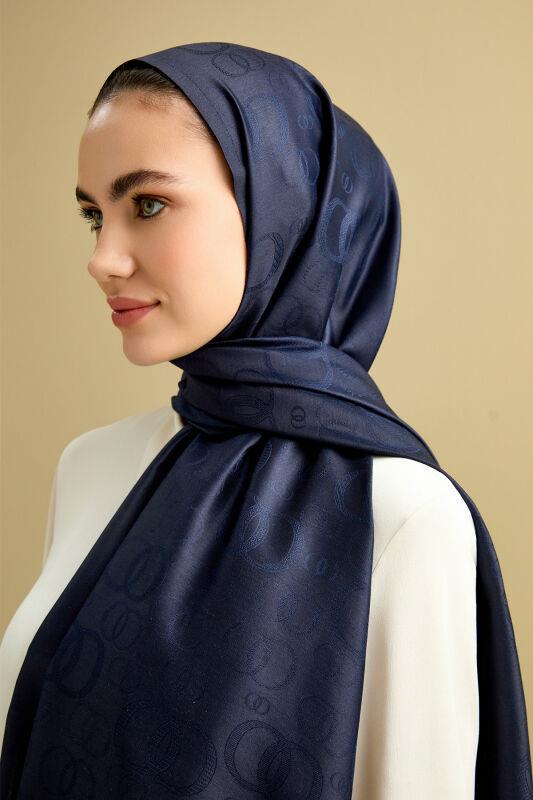 Noor Lacivert Jakarlı İpek Şal 70x200