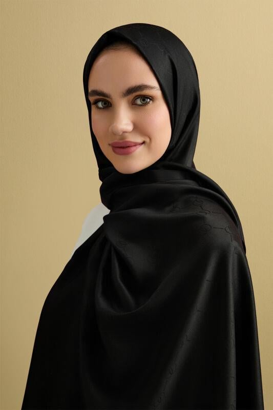 Noor Petek Siyah Jakarlı İpek Şal 70x200