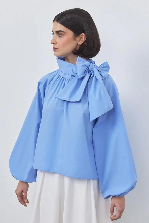 Olivia Fularlı Poplin Bluz Deniz Mavi