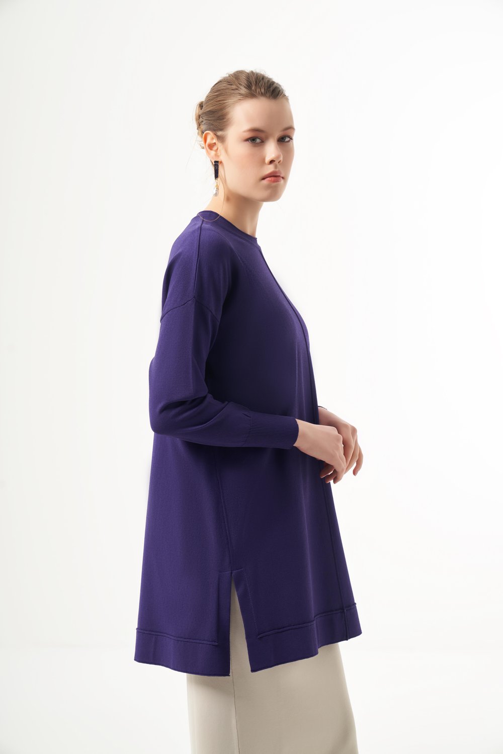 Önü dikiş detaylı nuss triko mor tunik 1201