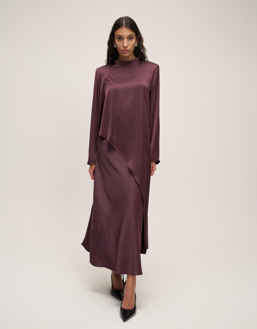 Asimetrik Saten Bluz Bordo