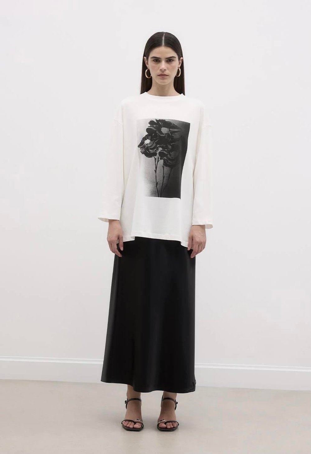 Baskılı Flower Basic Pamuk Örme Bluz Ekru