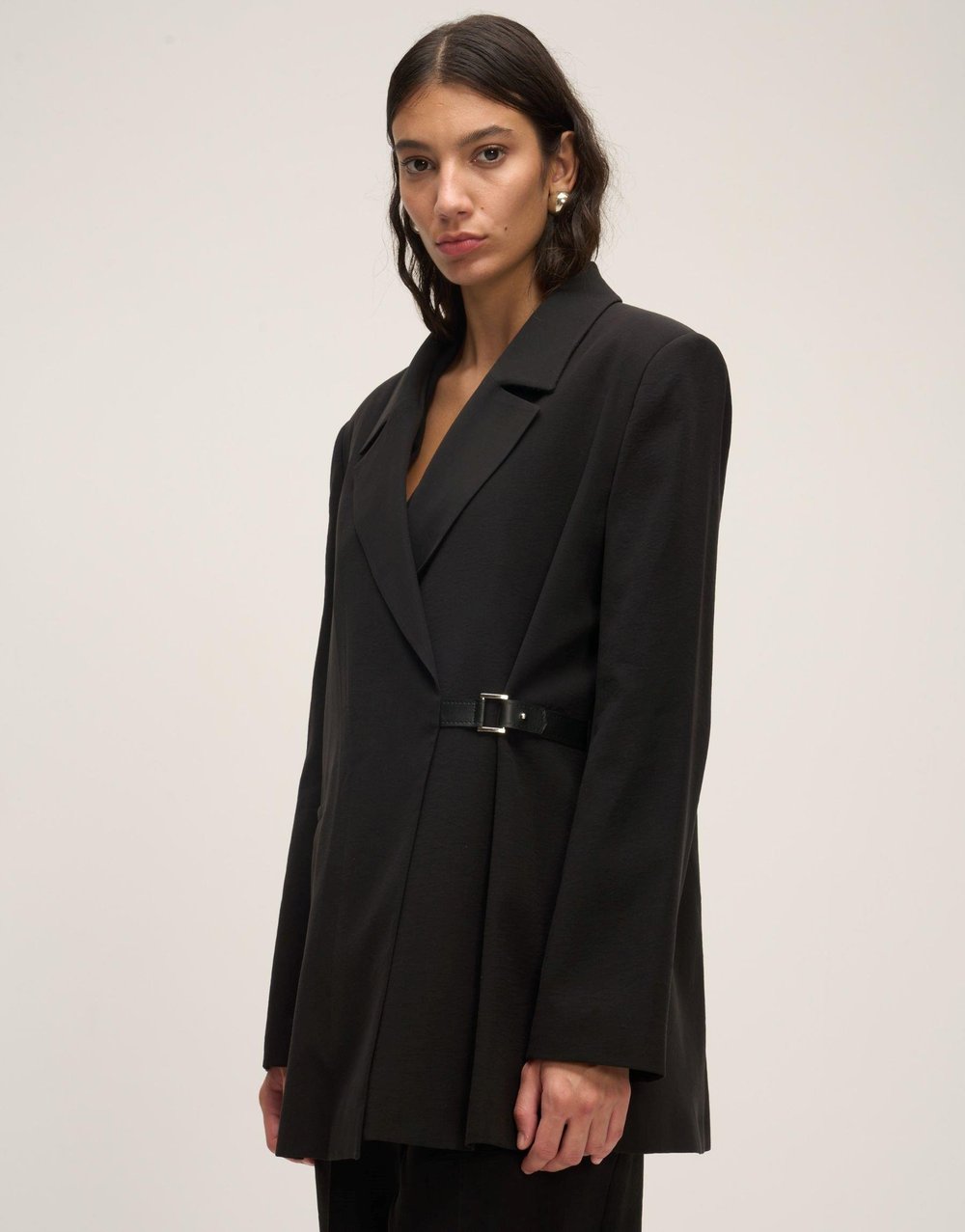 Deri Kemer Detaylı Ceket Siyah