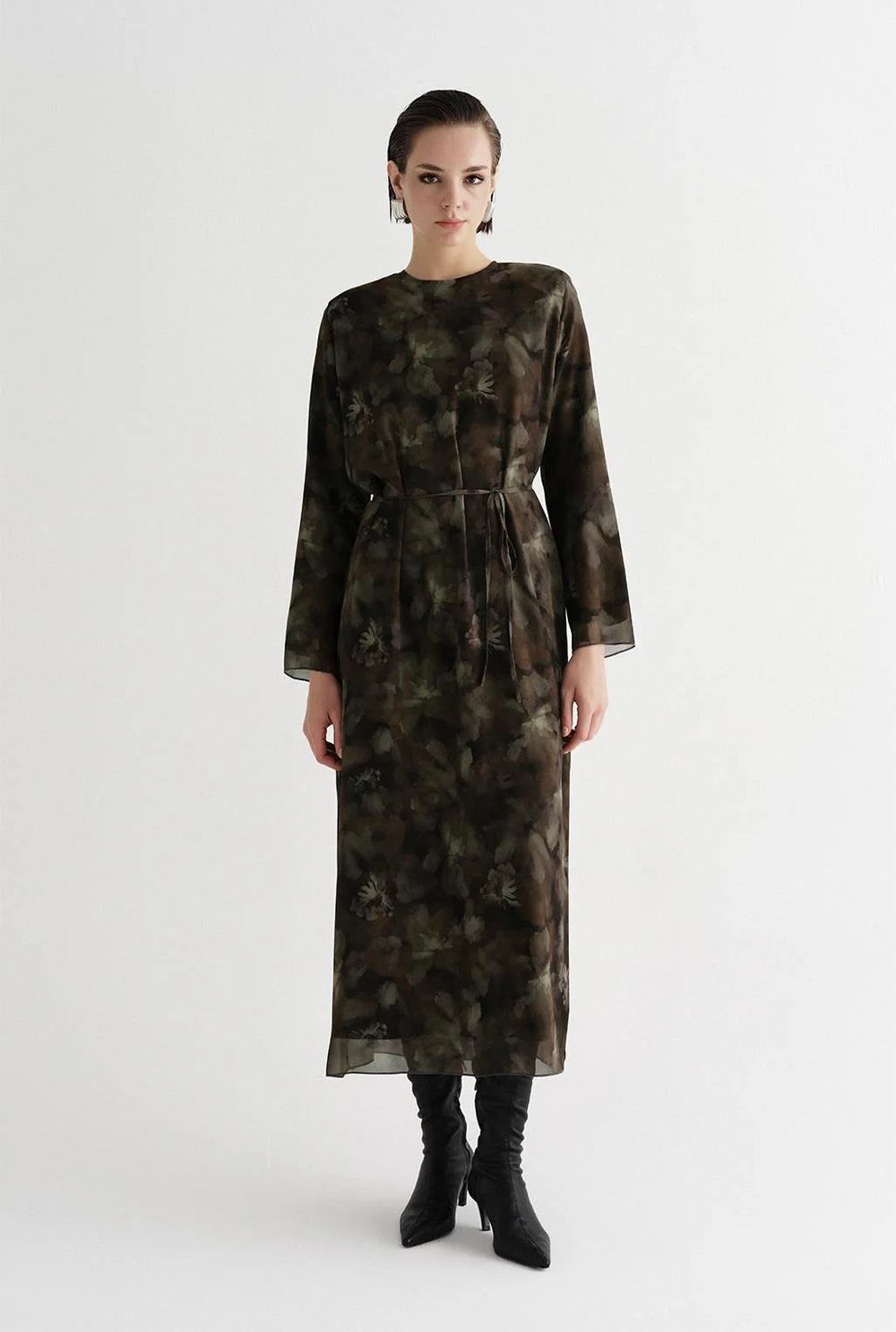 Desenli Uzun Elbise Haki