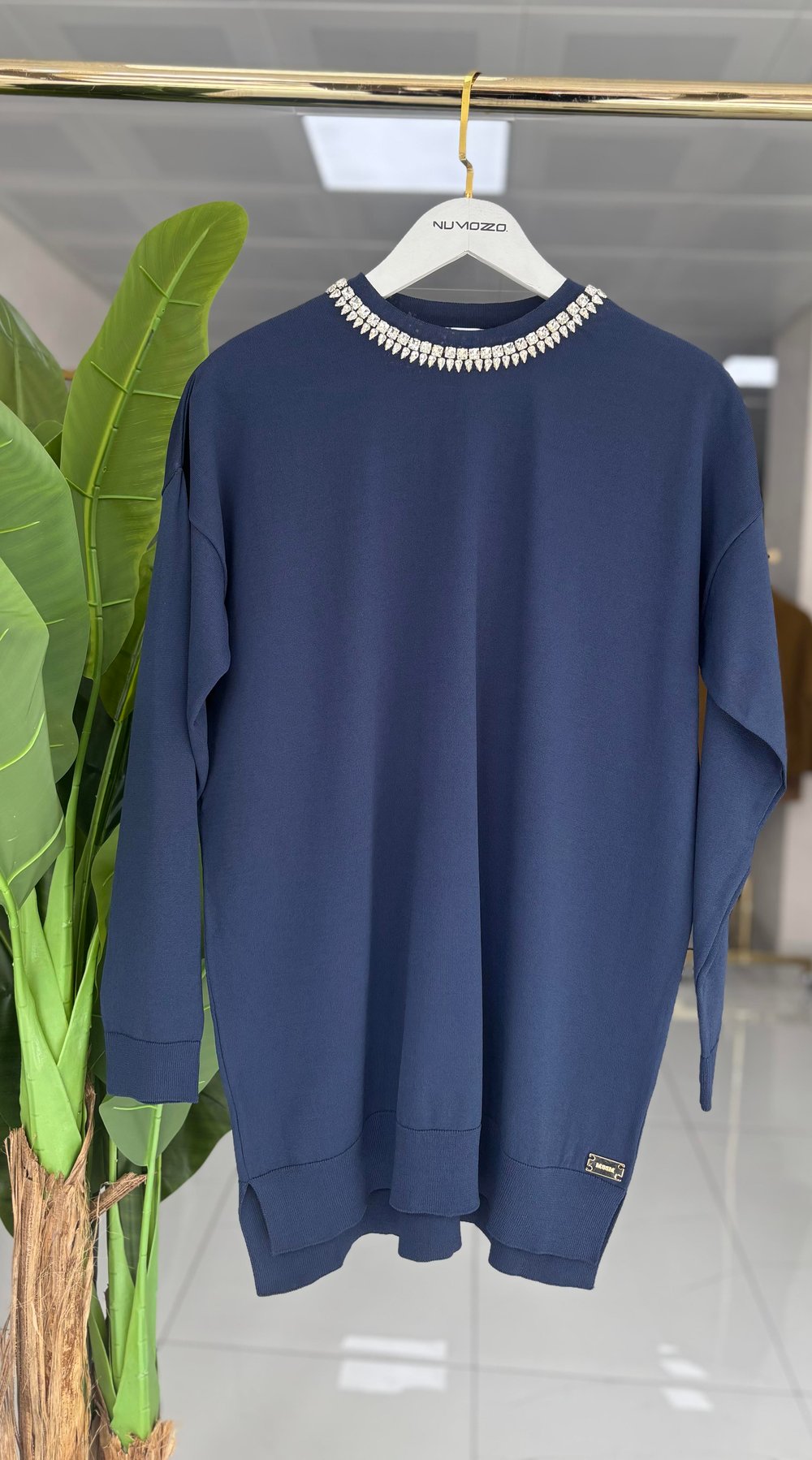 Maglia Taş İşlemeli Triko Tunik Lacivert 