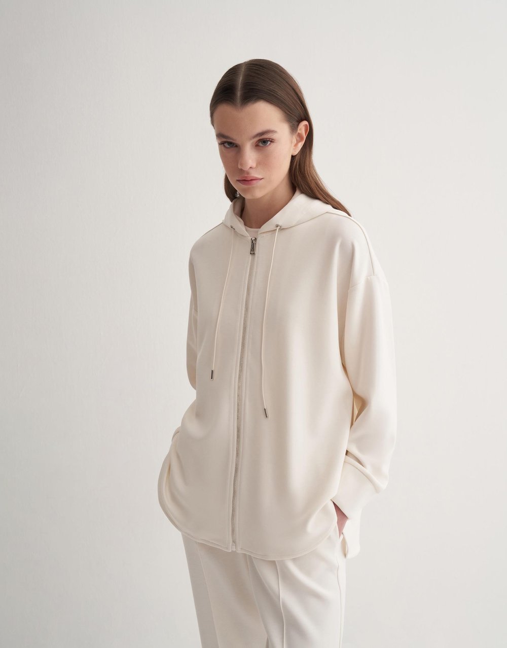Modal Fermuarlı Sweatshirt Ekru