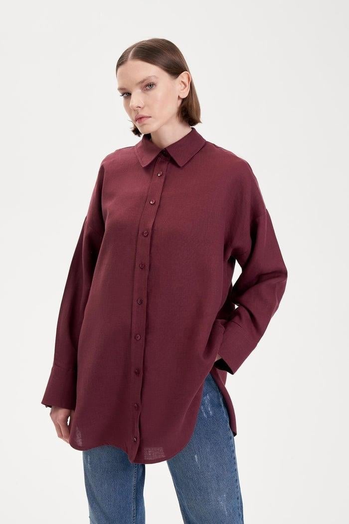 NATURAL %100 KETEN GÖMLEK BORDO