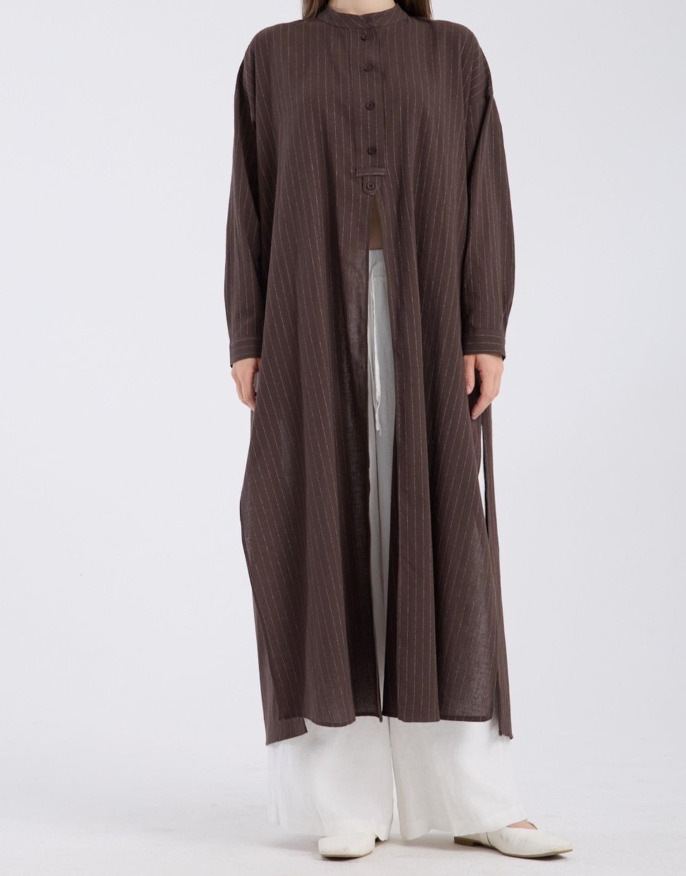 QOOQ Liva Tunik Kahve çizgili