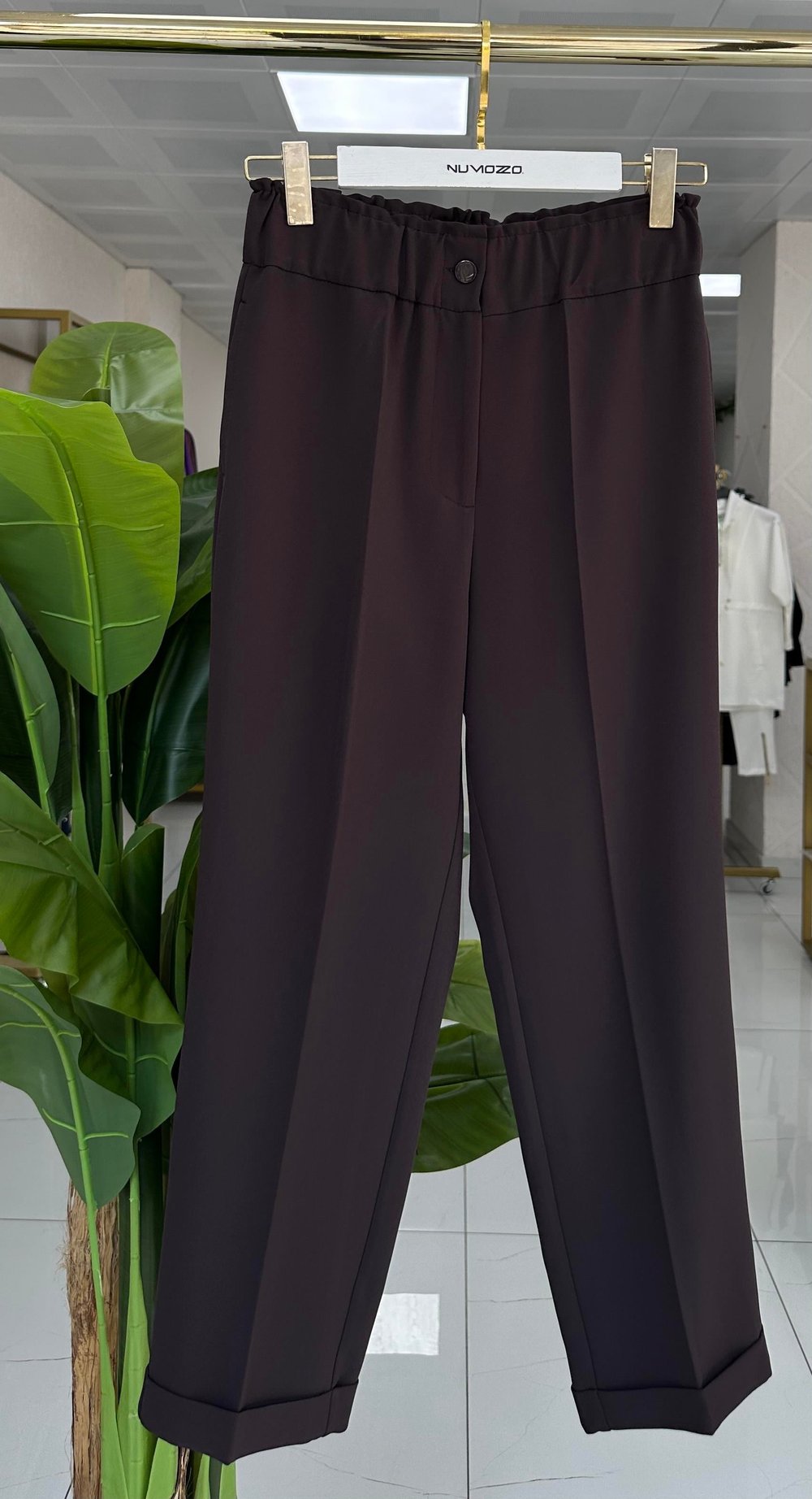 Sentez Beli Lastikli İnce Duble Paça Pantolon Kahve