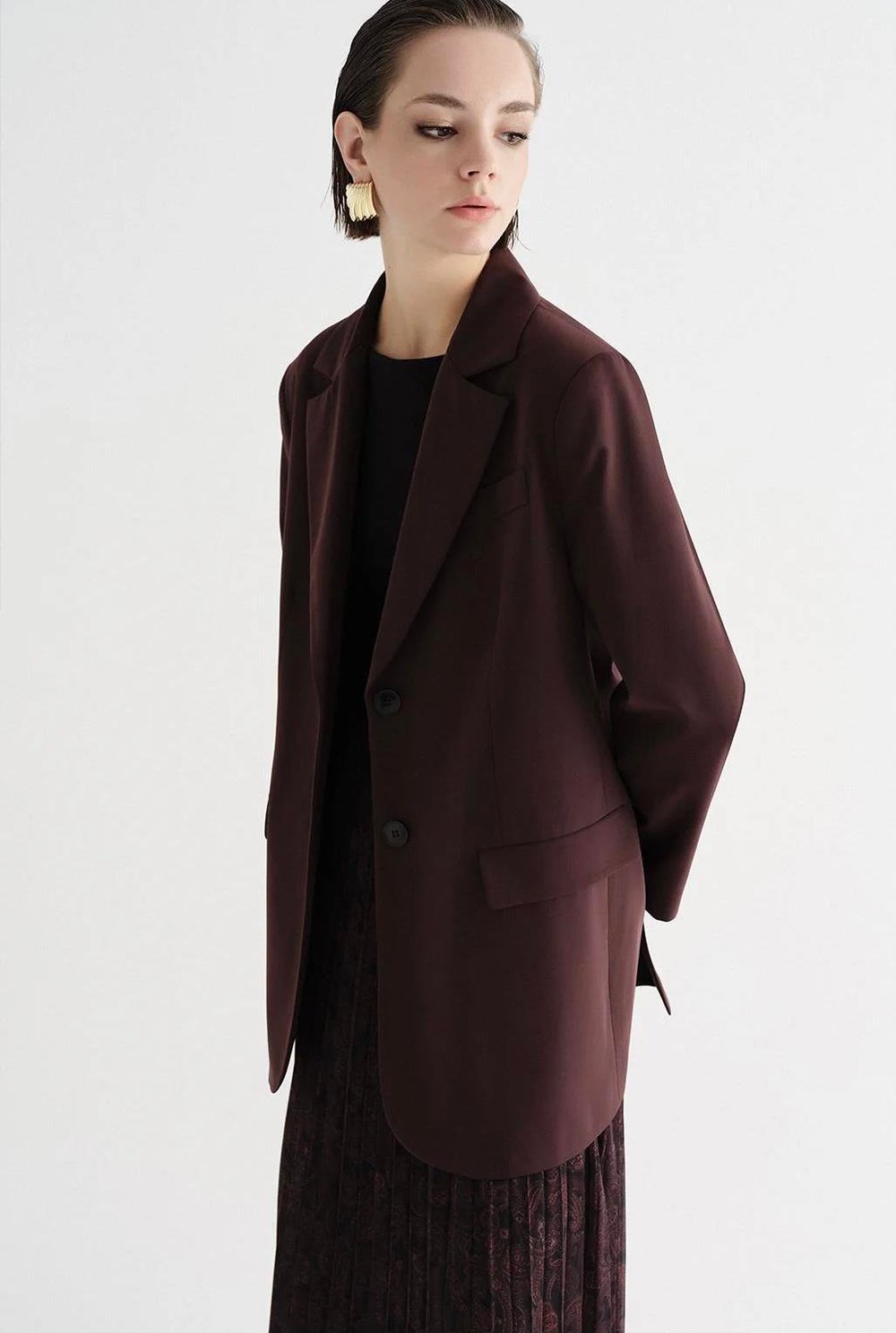 Yırtmaçlı Düğmeli Ceket Bordo