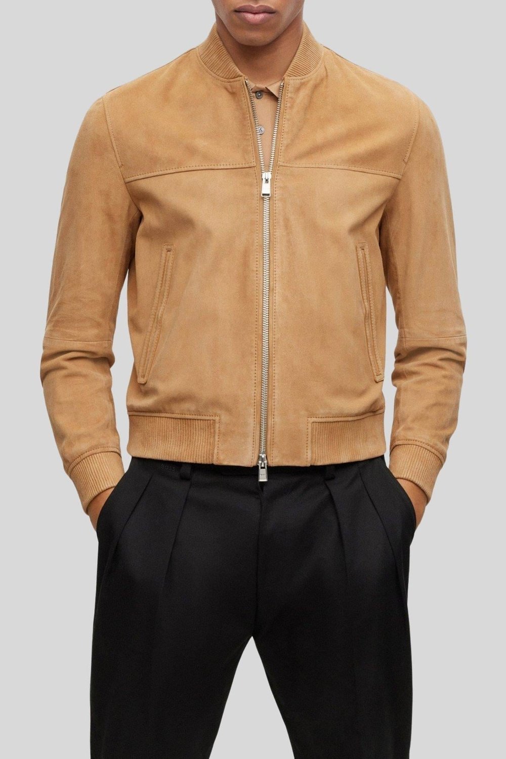 Boss Hakiki Deri Süet Regular Fit Bomber Erkek Ceket Bej 260