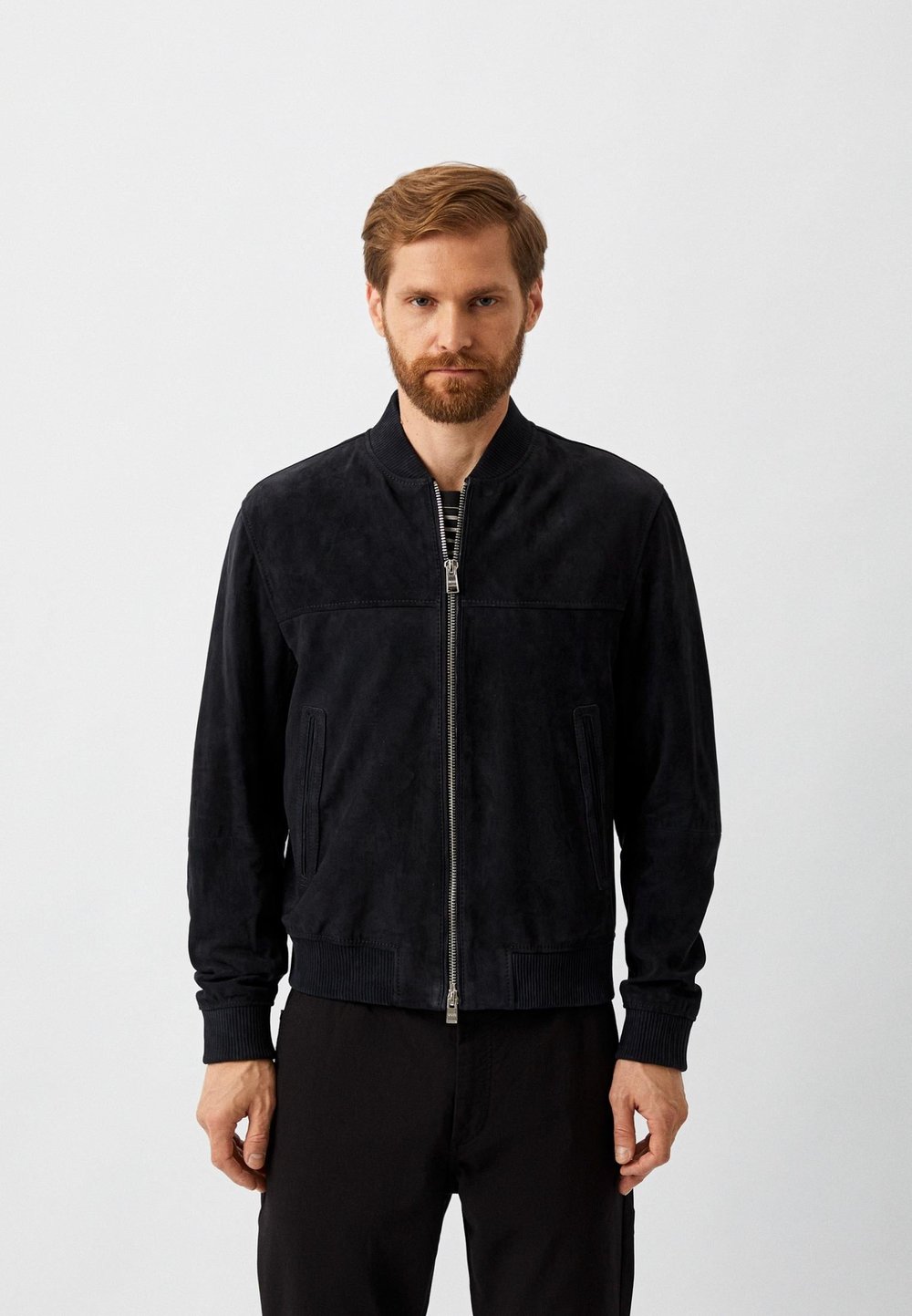 Boss Hakiki Deri Süet Regular Fit Bomber Erkek Ceket Lacivert 404