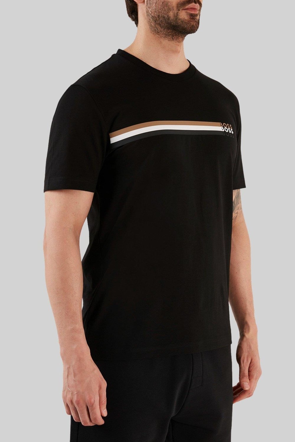 Boss İmza Çizgili Logo Baskılı Erkek T-Shirt Siyah