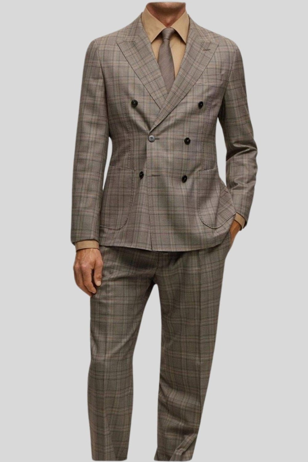 Boss Kareli Yün Slim Fit Erkek Takım Elbise Bej