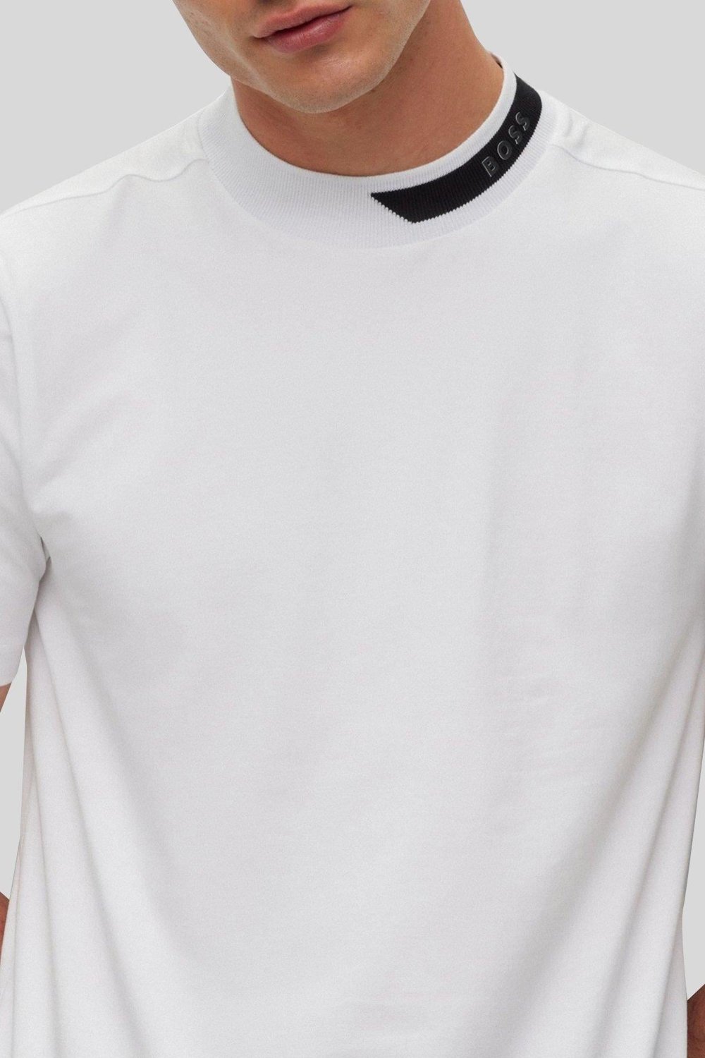 Boss Logo Şeritli Dik Yaka Regular Fit Erkek T-Shirt Beyaz 100