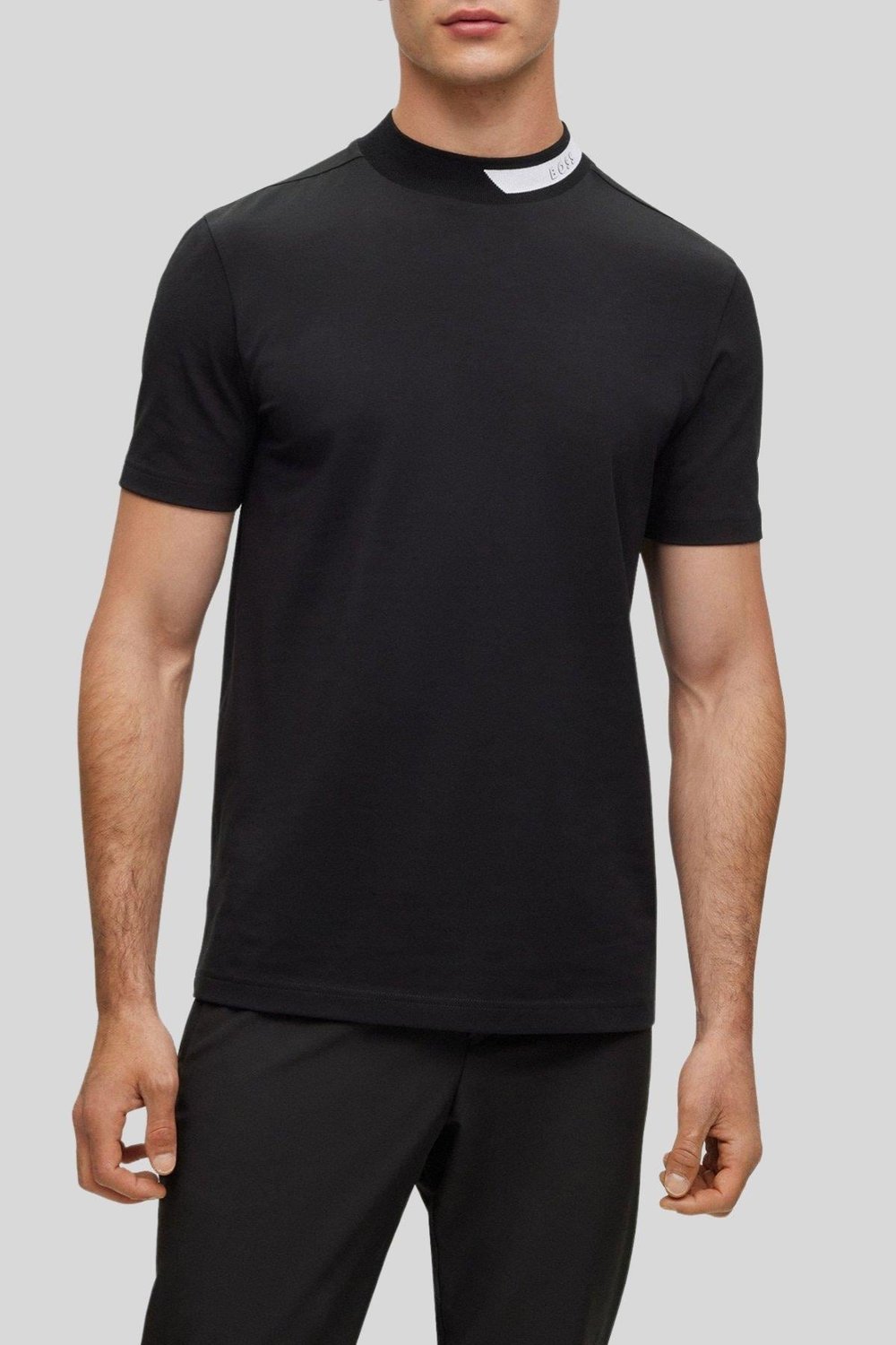 Boss Logo Şeritli Dik Yaka Regular Fit Erkek T-Shirt Siyah