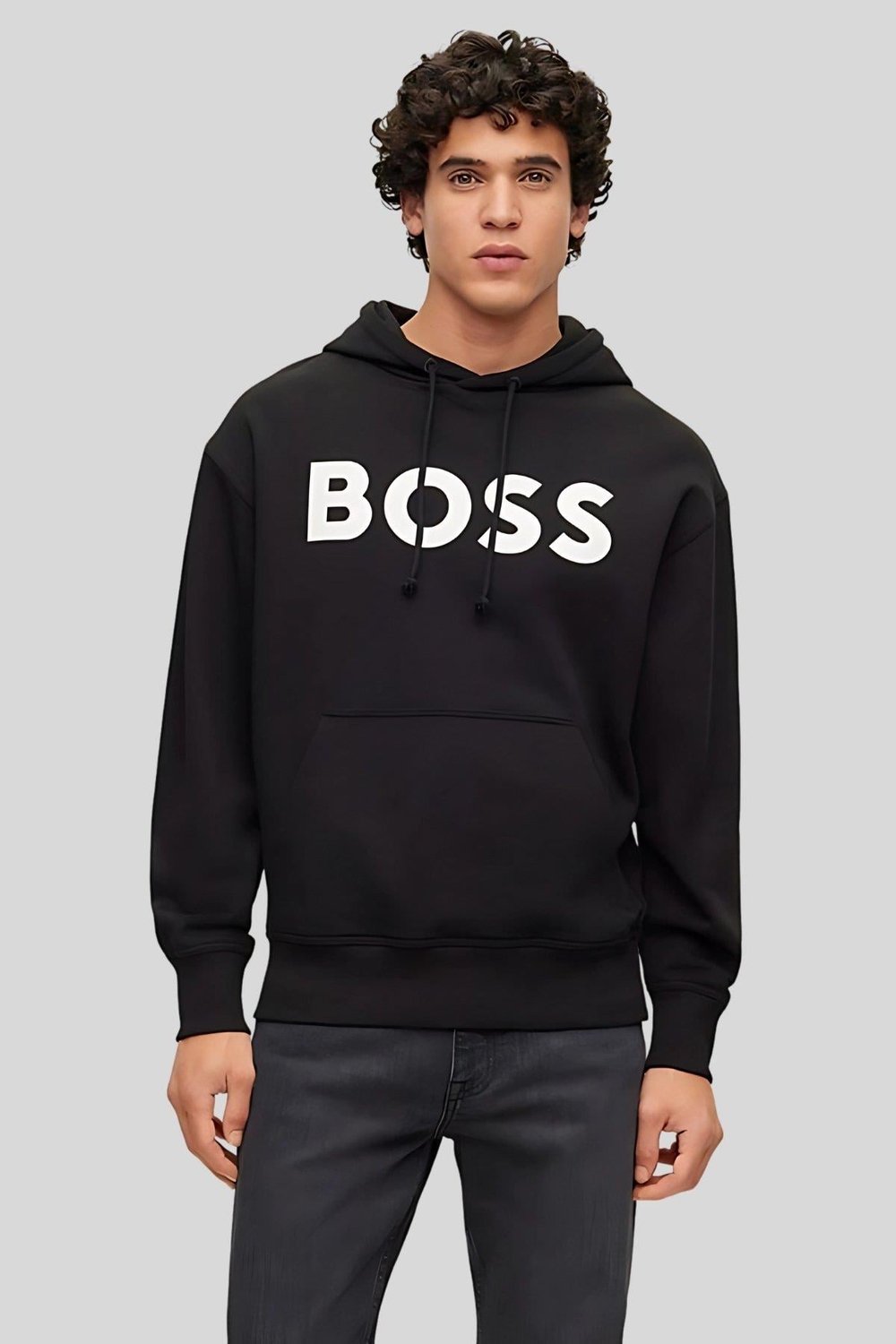 Boss Logolu Baskılı Kapüşonlu Erkek Sweatshirt Siyah