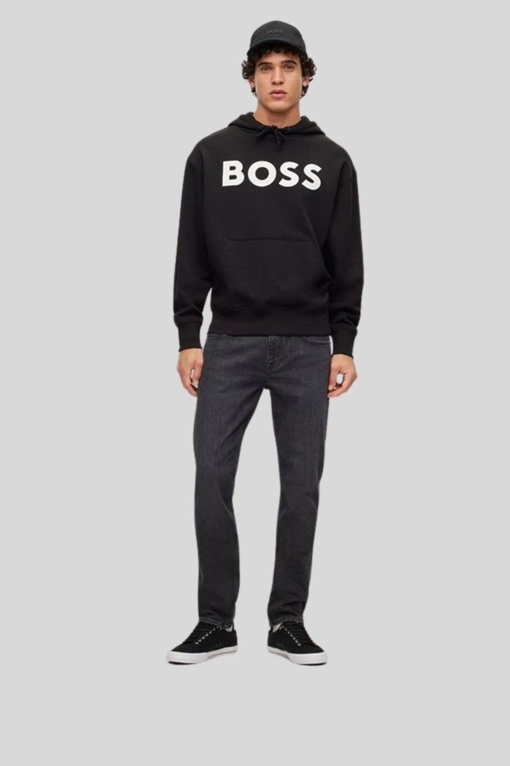 Boss Logolu Baskılı Kapüşonlu Erkek Sweatshirt Siyah