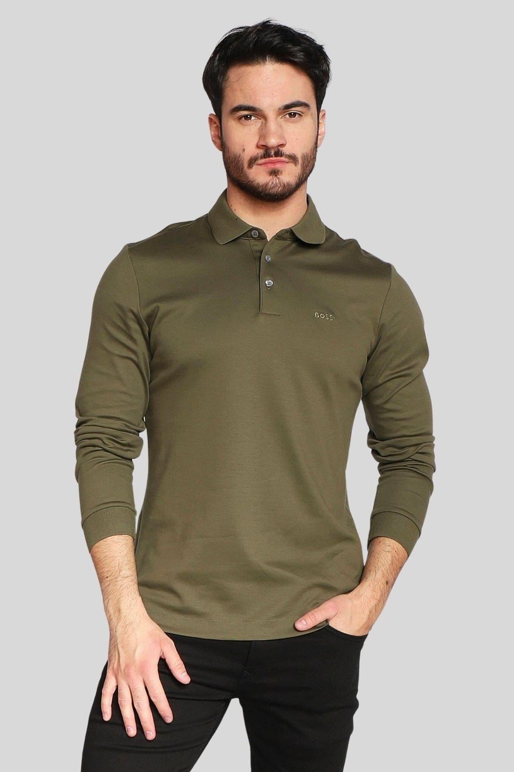 Boss Marka Logolu Uzun Kollu Erkek Polo Yaka T-Shirt Yeşil