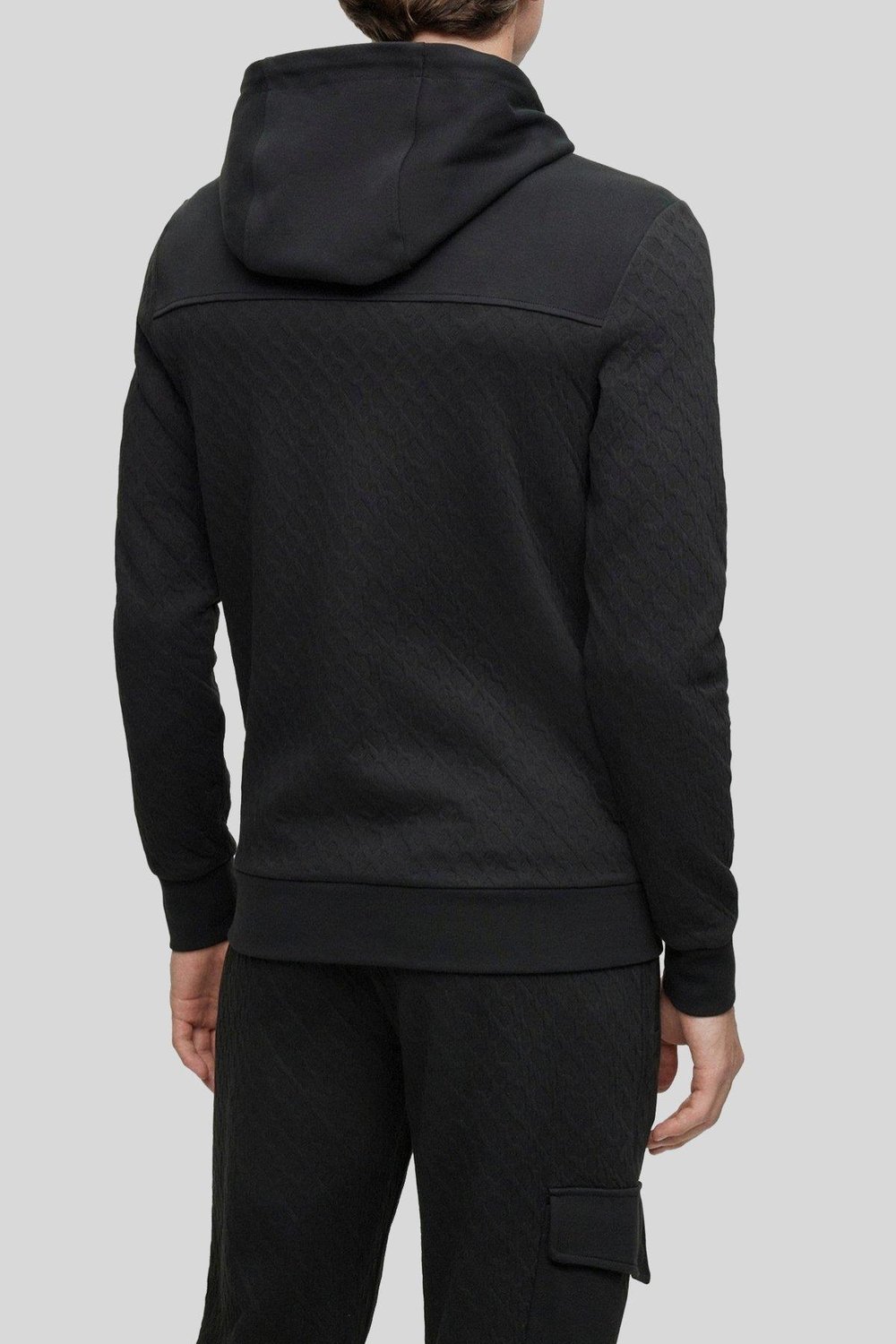 Boss Monogram Jakarlı Kapüşonlu Regular Fit Erkek Sweatshirt Siyah