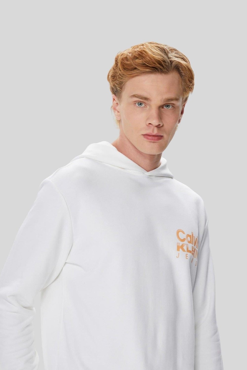 Calvin Klein Erkek Kalın Renkli Kurumsal Baskılı Kapüşonlu Sweatshirt Beyaz