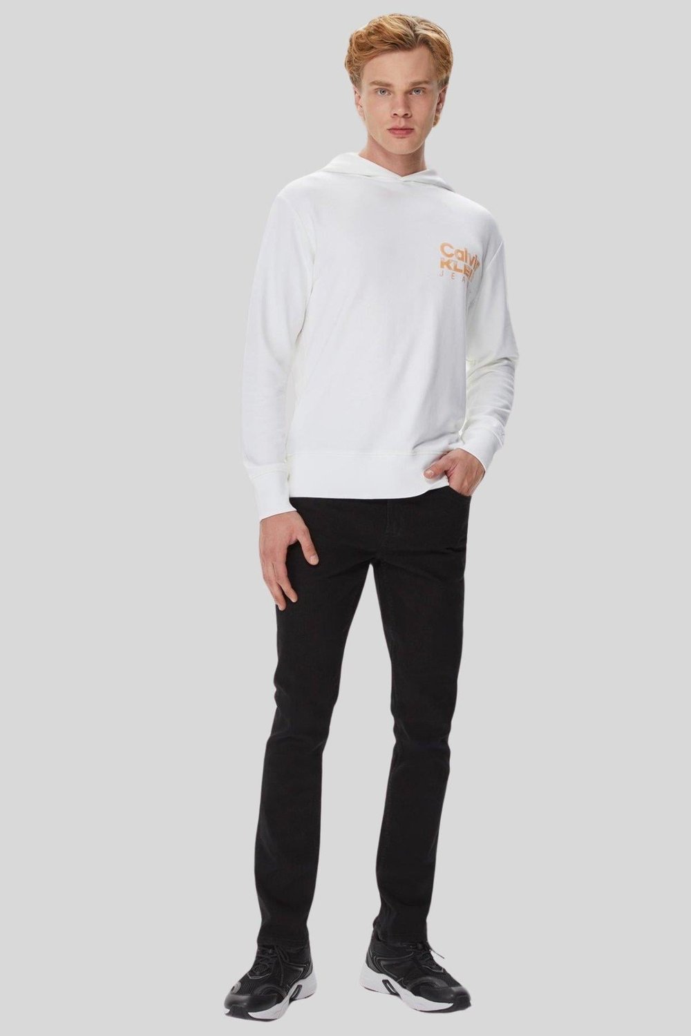 Calvin Klein Erkek Kalın Renkli Kurumsal Baskılı Kapüşonlu Sweatshirt Beyaz