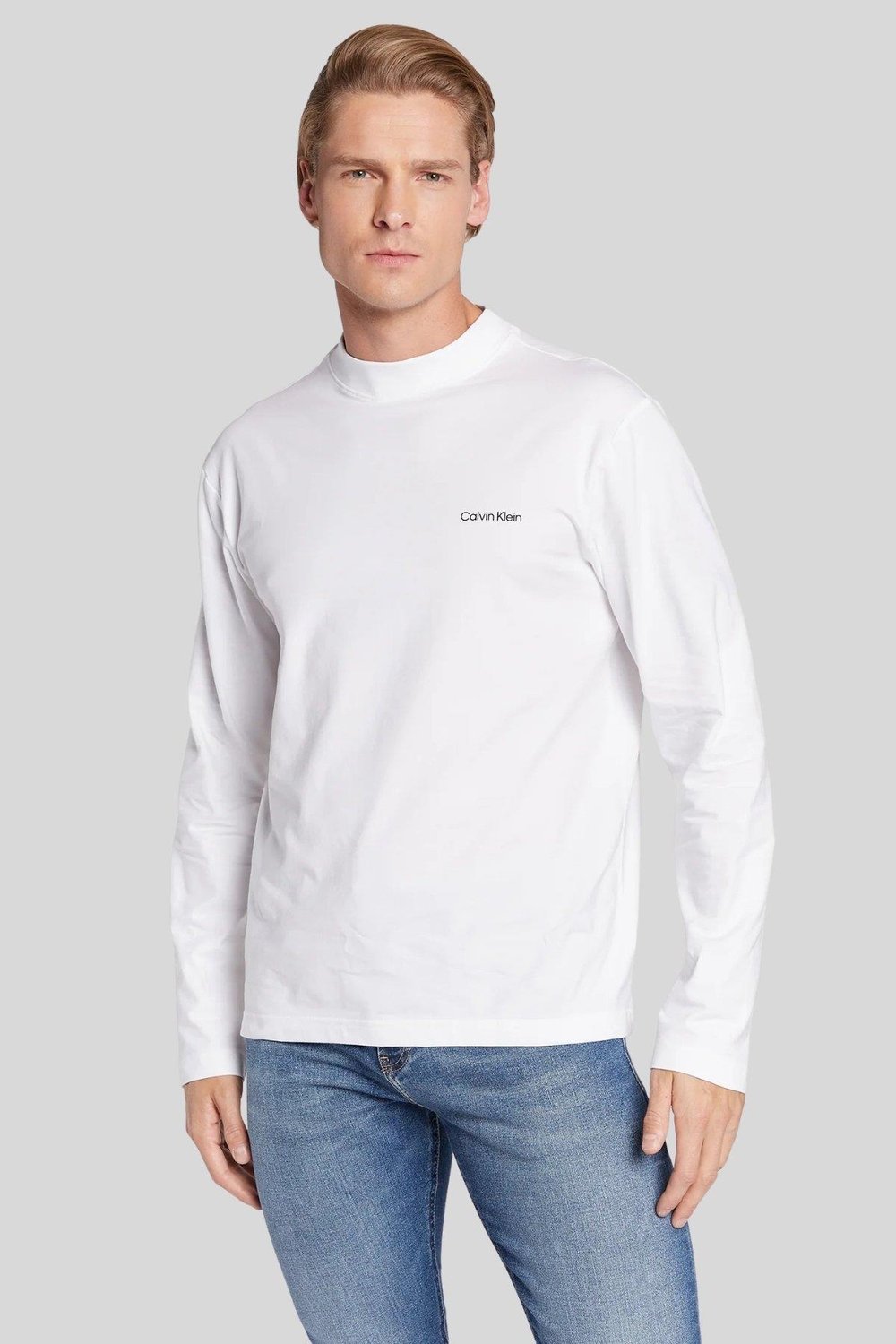 Calvin Klein Erkek Slim Fit Mikro Logolu Uzun Kol Pamuklu Sweatshirt Beyaz