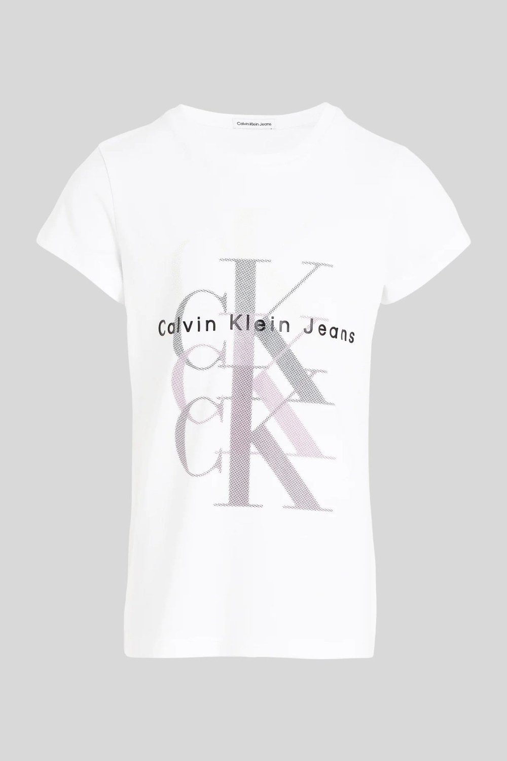 Calvin Klein Kız Çocuk Slim Fit Monogram Tekrarlı T-Shirt Beyaz