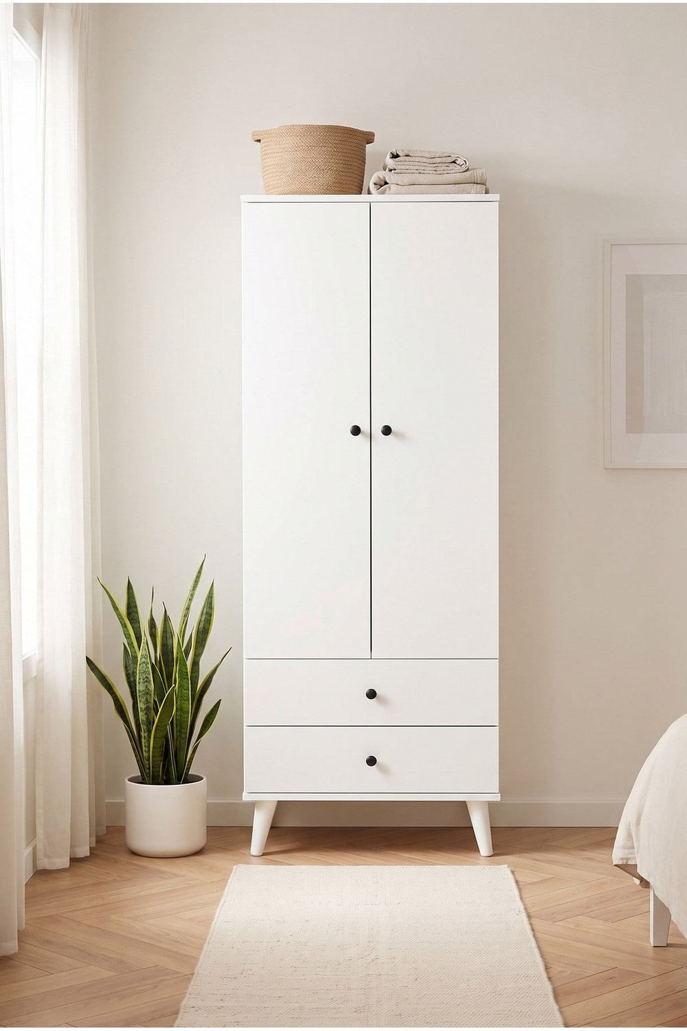 Gardırop 2 Kapaklı 2 Çekmeceli Askılıklı Yatak Odası Elbise Dolabı Beyaz 60 Cm