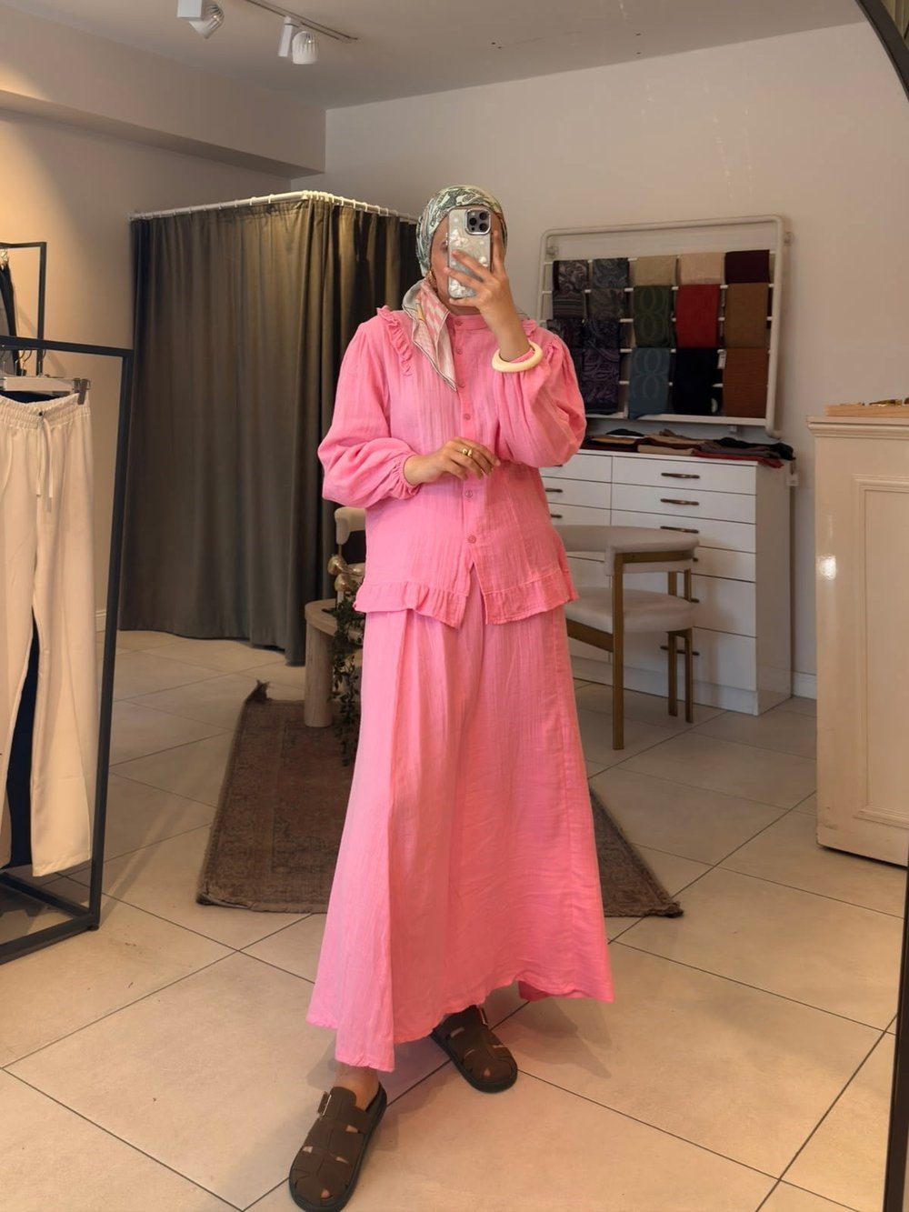 Müslin Etekli Takım Pembe