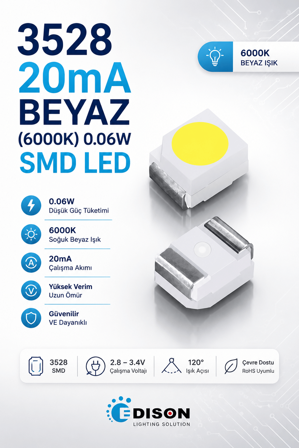 3528 20mA BEYAZ (6000K) 0.06W SMD Led