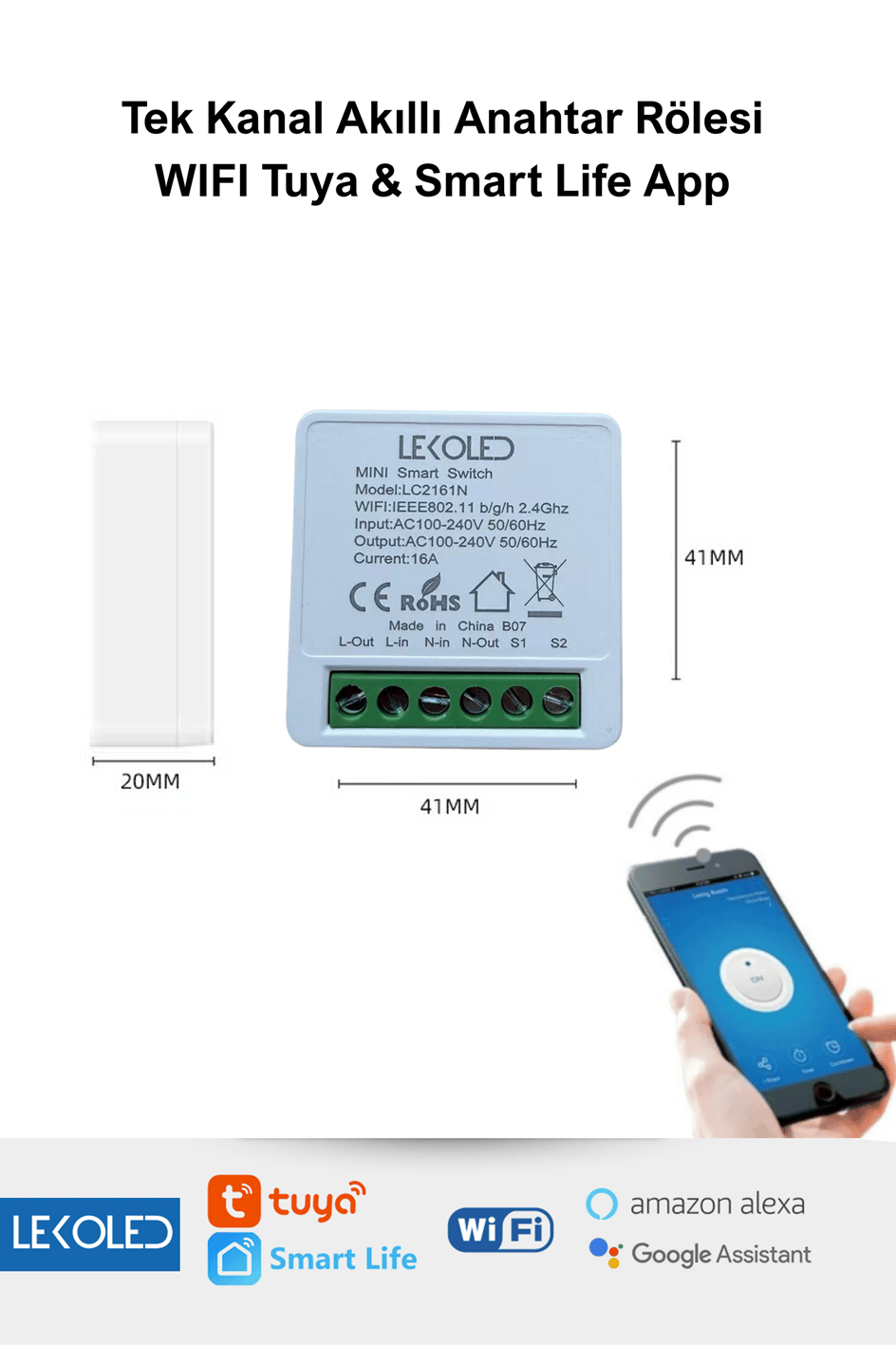  Tek Kanal Akıllı Wifi Anahtar Rölesi Tuya & Smart Life App Uyumlu