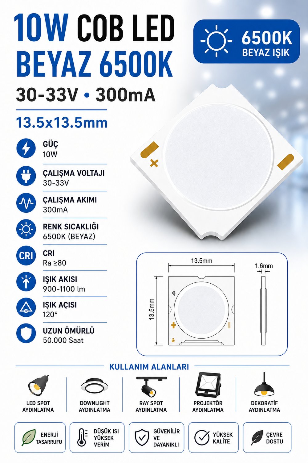 10W COB LED BEYAZ 6500K 30-33V 300mA 13.5*13.5mm