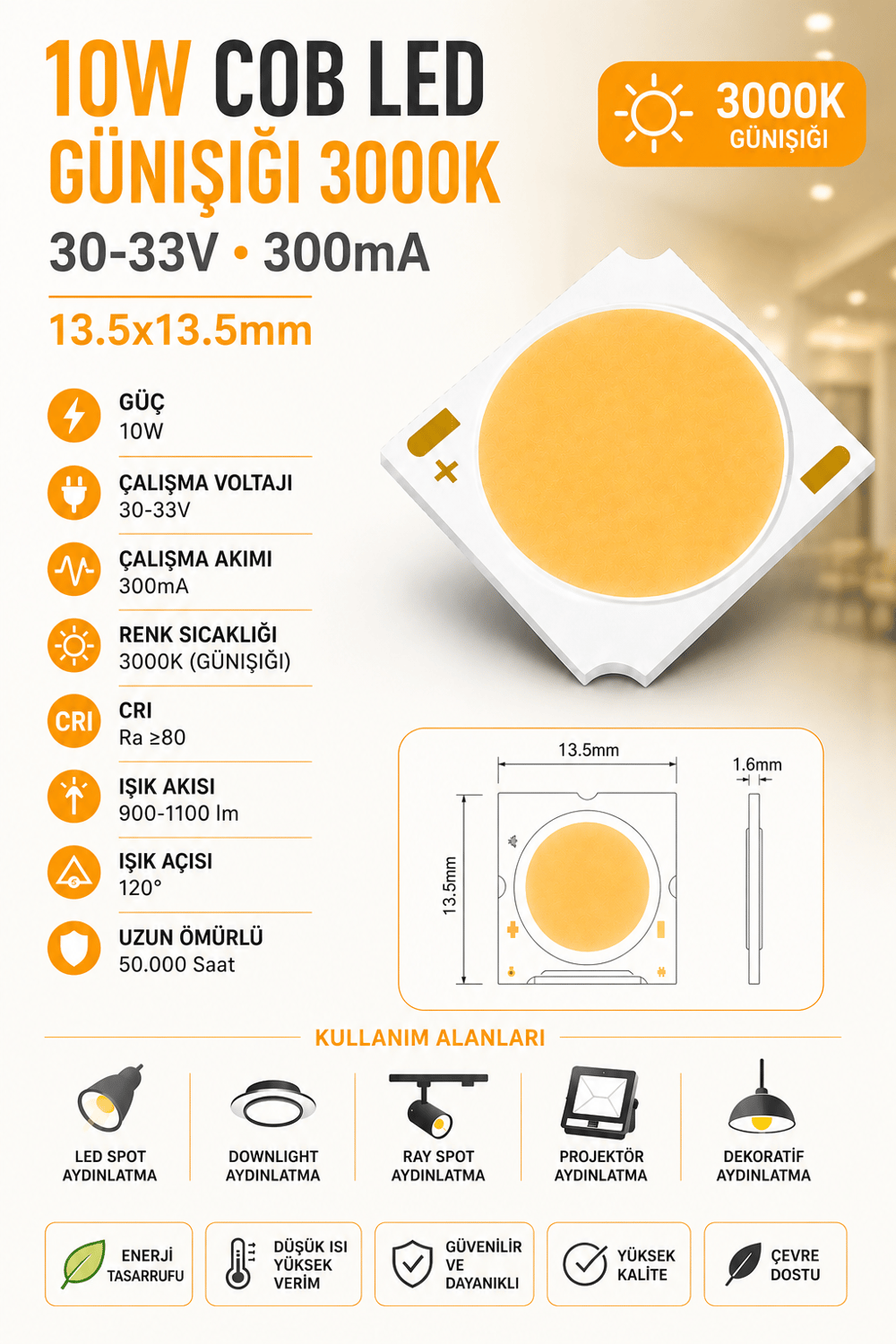 10W COB LED GÜNIŞIĞI 3000K 30-33V 300mA 13.5*13.5mm