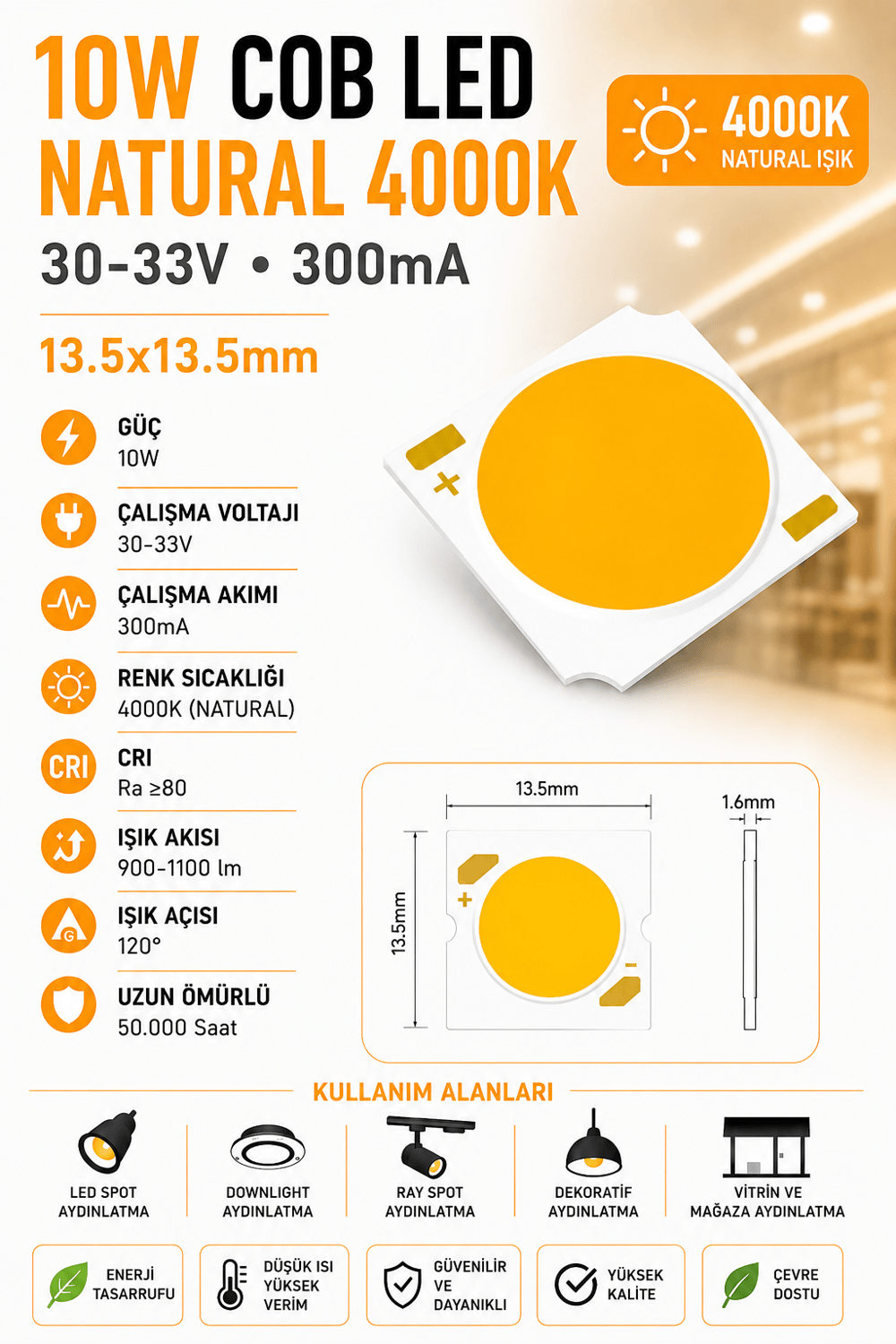10W COB LED NATURAL 4000K 30-33V 300mA 13.5*13.5mm