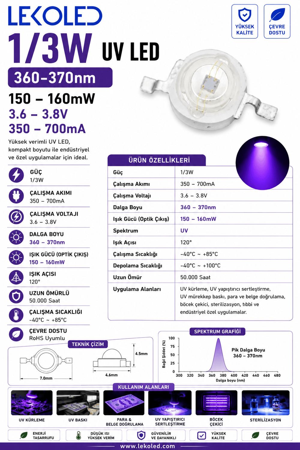 1/3W UV LED 360-370nm 150-160mw 3.6-3.8v 350-700ma