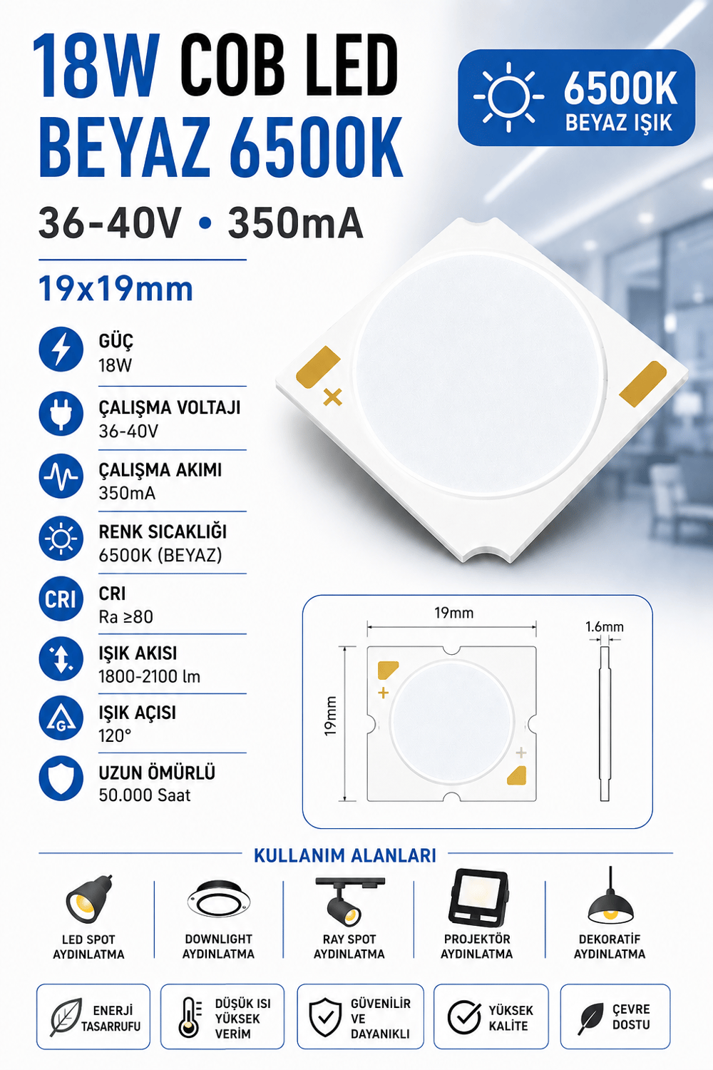 18W COB LED BEYAZ 6500K 19x19mm 36-40V 350mA