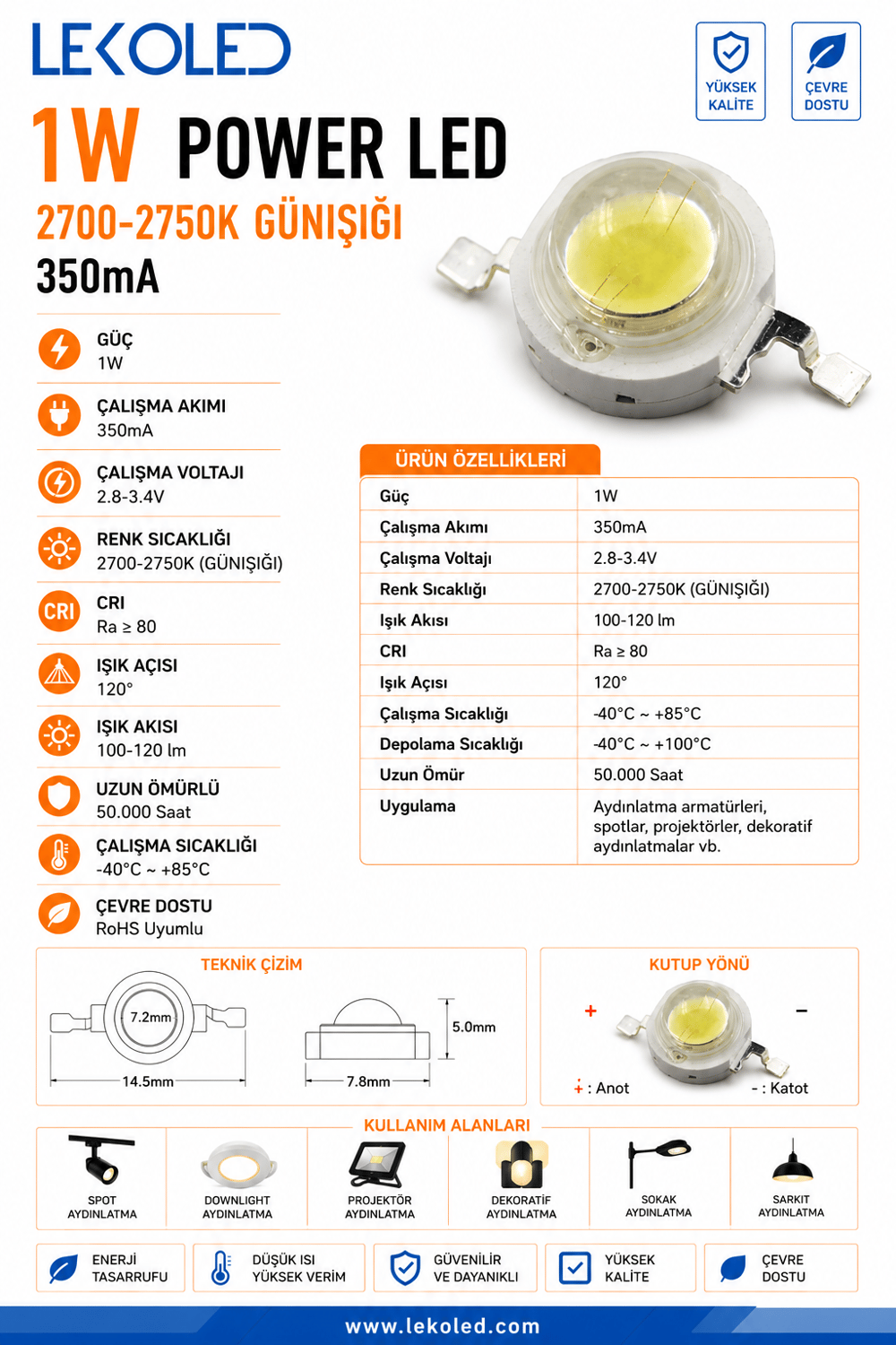 1W POWER LED 2700-2750K GÜNIŞIĞI 350mA