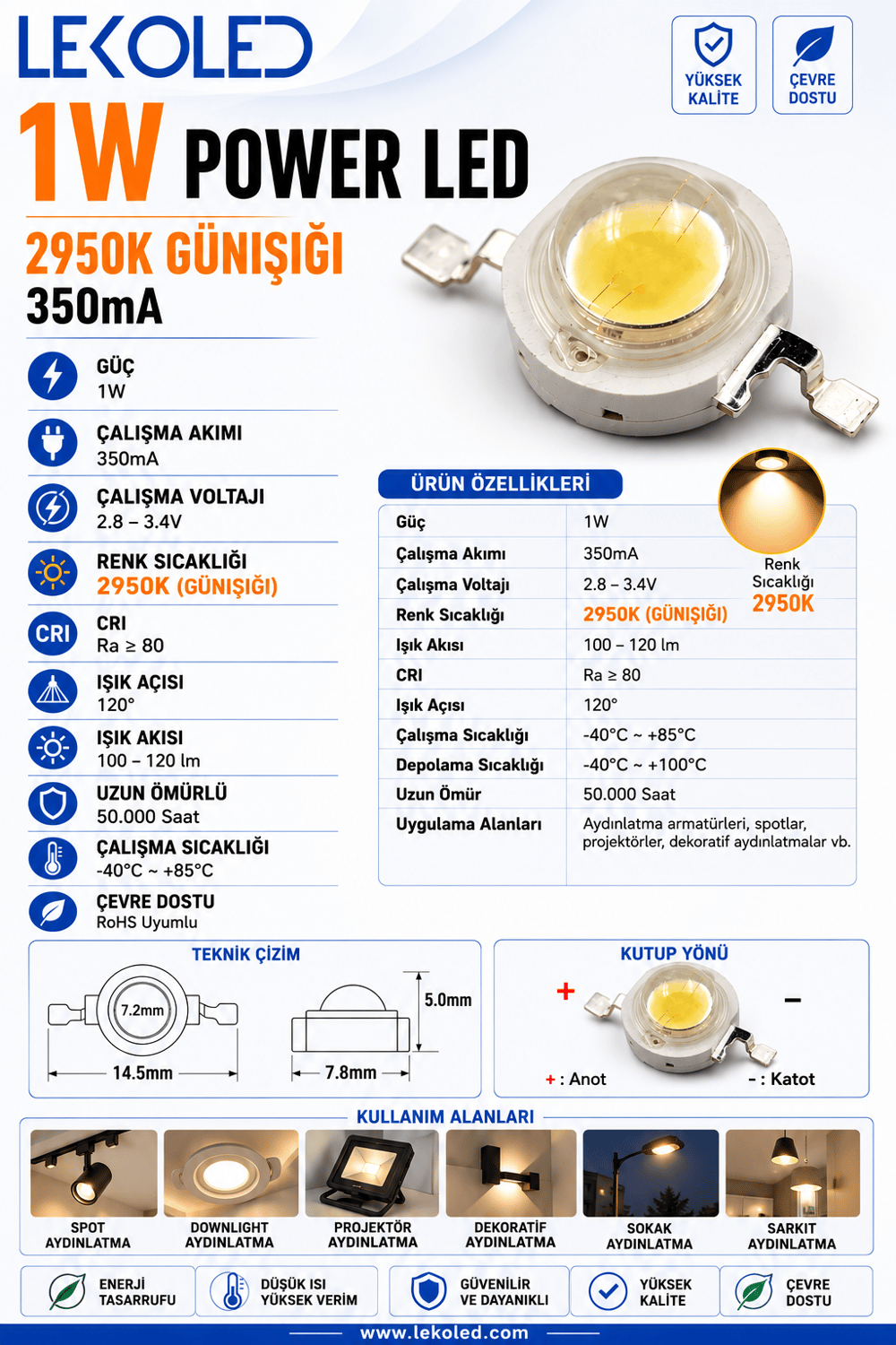 1W POWER LED 2950K GÜNIŞIĞI 350mA