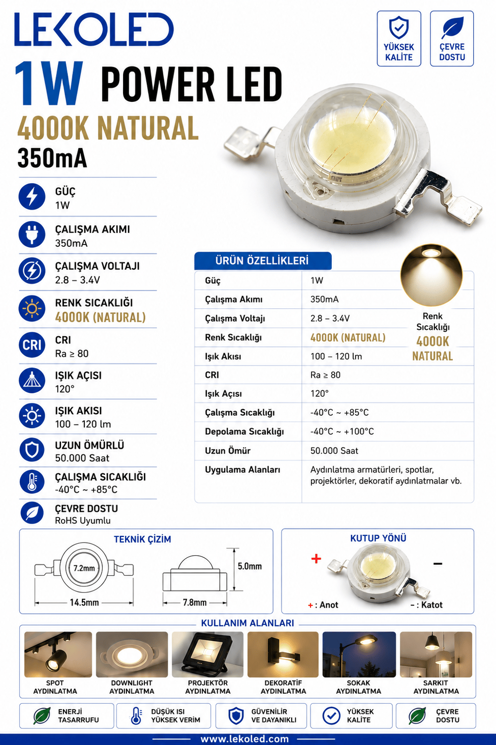 1W POWER LED 4000K NATURAL 350mA