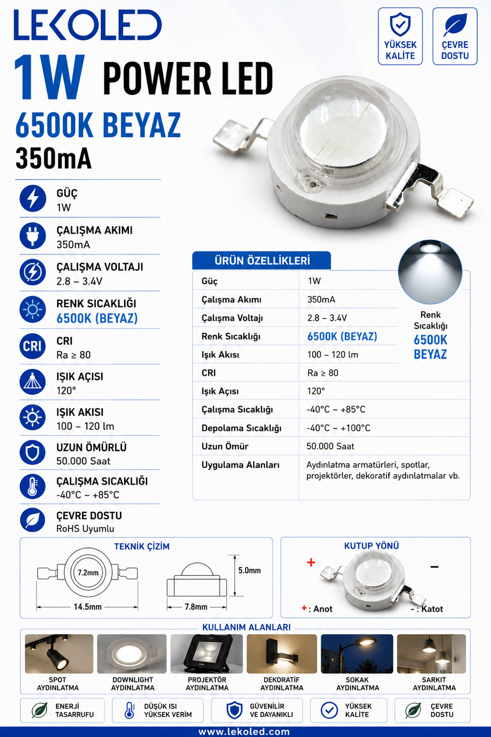 1W POWER LED 6500K BEYAZ 350mA