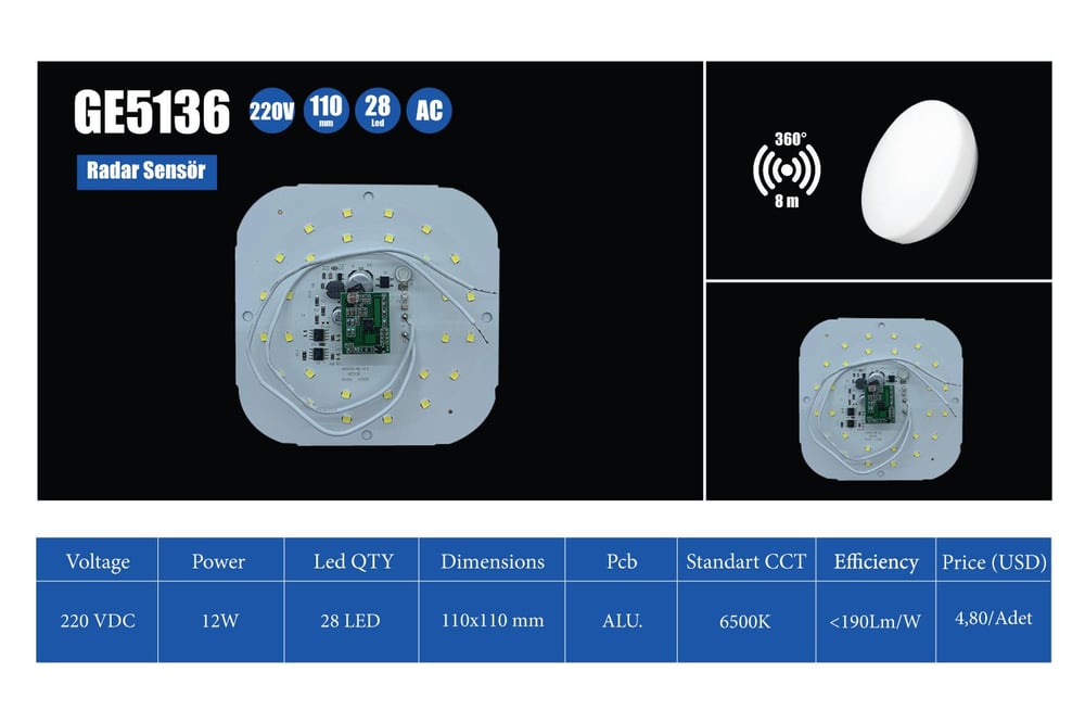 BEYAZ 6500K 220V 12W RADAR SENSÖR MODUL