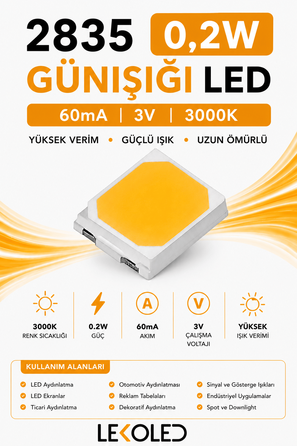 2835 0,2W 3000K GÜNIŞIĞI 60mA 3V SMD LED 